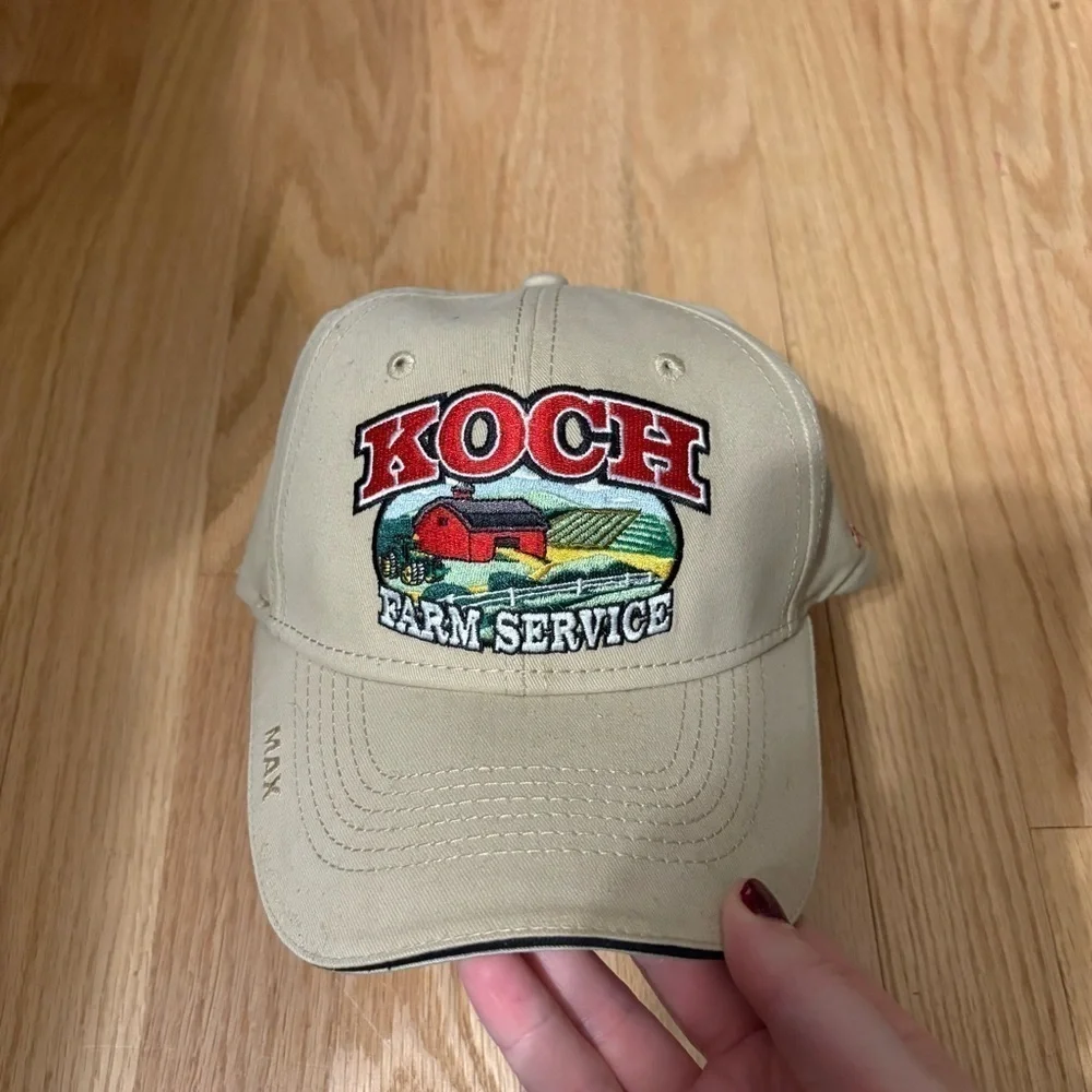 Vintage Koch Farm Service Embroidered Adjustable Hat Tan Farming Red Bard Scene